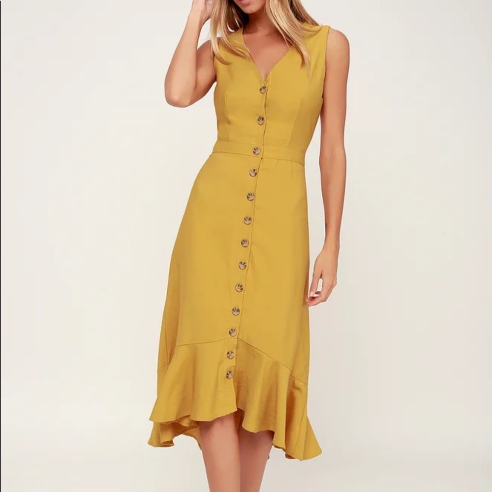 Mustard Yellow Button Front Midi Dress